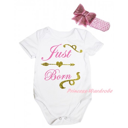 White Baby Jumpsuit & Sparkle Gold Light Pink Just Born Painting & Light Pink Headband Bow TH870