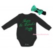 St Patrick's Day Black Baby Jumpsuit & Kelly Green Happy St.Patrick's Day Painting & Black Headband Kelly Green Bow TH874