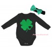 St Patrick's Day Black Baby Jumpsuit & Kelly Green Clover Black Heart Painting & Black Headband Kelly Green Bow TH875