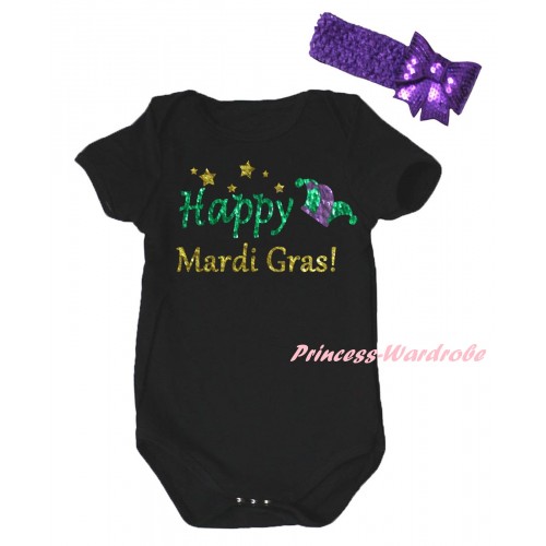 Mardi Gras Black Baby Jumpsuit & Sparkle Happy Mardi Gras! Clown Hat Painting & Dark Purple Headband Bow TH880
