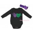 Mardi Gras Black Baby Jumpsuit & Sparkle Dark Purple Kelly Green Clown Masks Painting & Dark Purple Headband Bow TH881