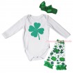 St Patrick's Day White Baby Jumpsuit & Kelly Green Clover Painting & Kelly Green Headband Bow & Kelly Green Ruffles Kelly Green White Clover Leg Warmer Set TH888