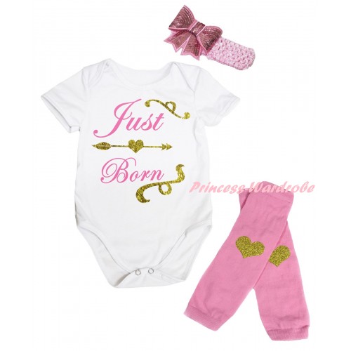 White Baby Jumpsuit & Sparkle Gold Light Pink Just Born Painting & Light Pink Headband Bow & Light Pink Gold Heart Print Leg Warmer Set TH889