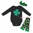 St Patrick's Day Black Baby Jumpsuit & Green Clover Painting & Kelly Green Headband Bow & Kelly Green Ruffles Kelly Green Black Clover Leg Warmer Set TH893