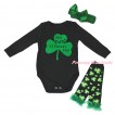 St Patrick's Day Black Baby Jumpsuit & Kelly Green Clover Olivia First ST.Patrick's Day Painting & Kelly Green Headband Bow & Kelly Green Ruffles Kelly Green Black Clover Leg Warmer Set TH894