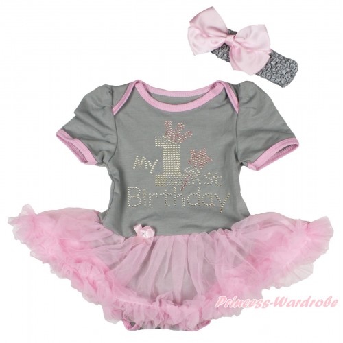 Grey Baby Bodysuit Light Pink Pettiskirt & Sparkle Rhinestone My 1st Birthday Print JS5025