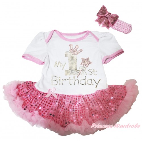 White Baby Bodysuit Bling Light Pink Sequins Pettiskirt & Sparkle Rhinestone My 1st Birthday Print JS5026