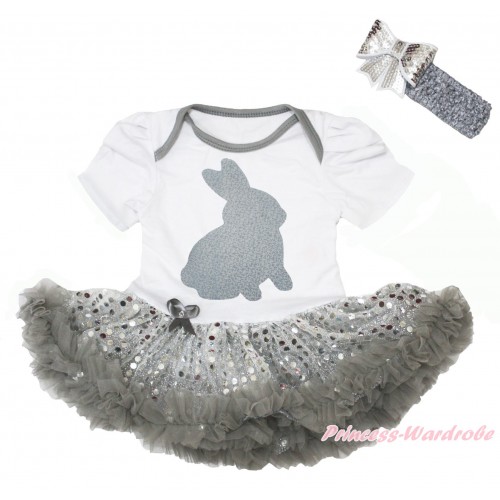Easter White Baby Bodysuit Bling Grey Sequins Pettiskirt & Sparkle Grey Rabbit Painting JS5028