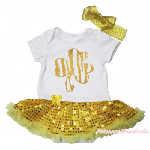 St Patrick's Day White Baby Bodysuit Bling Yellow Sequins Pettiskirt & Sparkle Gold Clover Painting JS5029