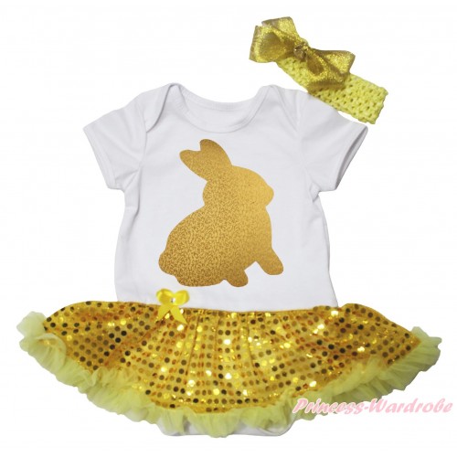 Easter White Baby Bodysuit Bling Yellow Sequins Pettiskirt & Sparkle Gold Rabbit Painting JS5030