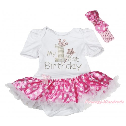 White Baby Bodysuit Hot Pink White Dots Pettiskirt & Sparkle Rhinestone My 1st Birthday Print JS5264