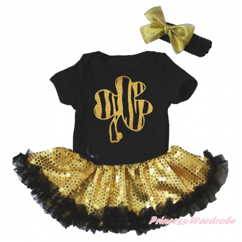St Patrick's Day Black Baby Bodysuit Bling Gold Sequins Black Pettiskirt & Sparkle Gold Clover Painting JS5266