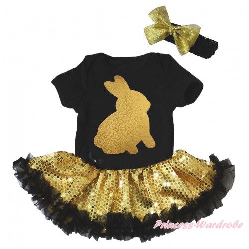 Easter Black Baby Bodysuit Bling Gold Sequins Black Pettiskirt & Sparkle Gold Rabbit Painting JS5267