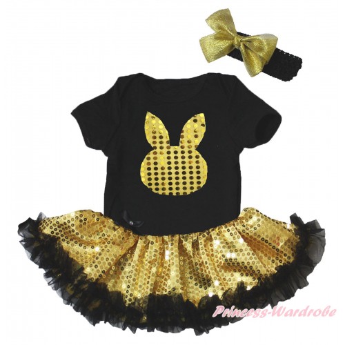 Easter Black Baby Bodysuit Bling Gold Sequins Black Pettiskirt & Gold Sequins Rabbit Print JS5269