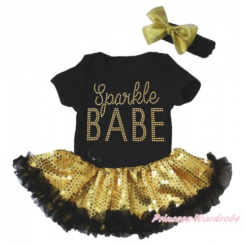 Black Baby Bodysuit Bling Gold Sequins Black Pettiskirt & Sparkle Rhinestone Sparkle BABE Print JS5273