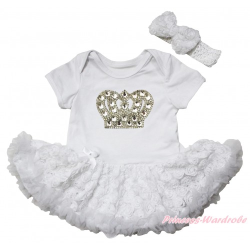 White Baby Bodysuit  Rose Pettiskirt & Silver Sparkle Crystal Bling Rhinestone Crown Print JS5274