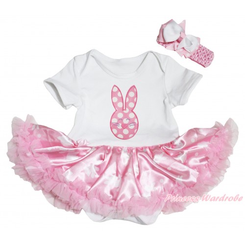Easter White Baby Bodysuit Light Pink Pettiskirt & Pink White Dots Rabbit Print JS5292