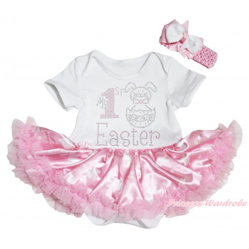 Easter White Baby Bodysuit Light Pink Pettiskirt & Sparkle Rhinestone My 1st Easter Print JS5294