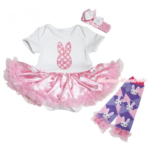 Easter White Baby Bodysuit Light Pink Pettiskirt & Pink White Dots Rabbit Print & Warmers Leggings JS5310