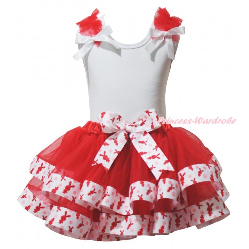 Easter White Baby Pettitop Red Ruffles White Bow & Red White Rabbit Trimmed Baby Pettiskirt NG1932