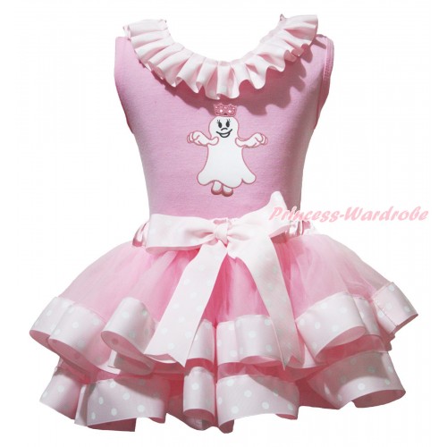 Halloween Light Pink Baby Pettitop Pink White Dots Lacing & Princess Ghost Print & Light Pink White Dots Trimmed Baby Pettiskirt NG1957