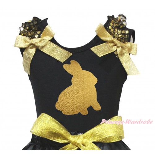 Easter Black Tank Top Gold Sequins Ruffles Sparkle Gold Bow & Sparkle Gold Rabbit Print TB1419