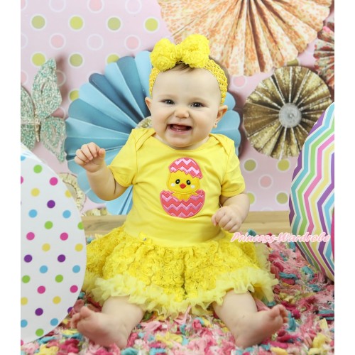 Easter Yellow Baby Bodysuit Rosettes Pettiskirt & Chick Egg Print JS5022