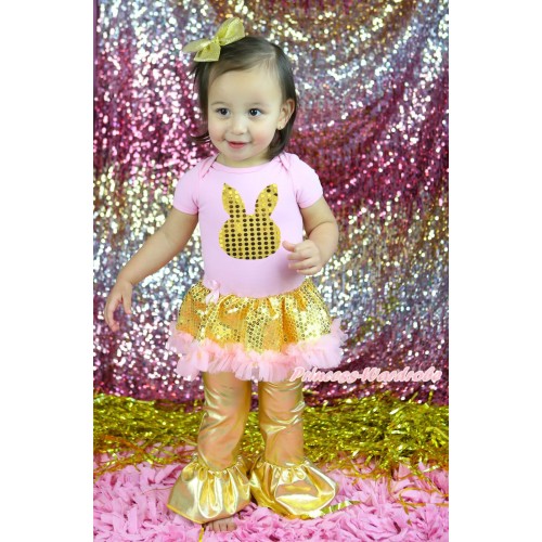 Easter Light Pink Baby Bodysuit Bling Gold Sequins Pink Pettiskirt & Gold Sequins Rabbit Print & Pants JS5024