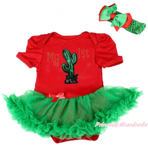 Cinco De Mayo Red Baby Bodysuit Kelly Green Pettiskirt & Sparkle Rhinestone My 1st Sequins Cactus Print JS5036
