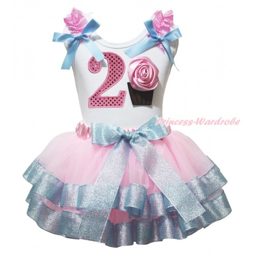 White Tank Top Sparkle Pink Ruffles Light Blue Bow & 2nd Sparkle Light Pink Birthday Number & Rose Cupcake Print & Light Pink Sparkle Light Blue Trimmed Pettiskirt MG2039