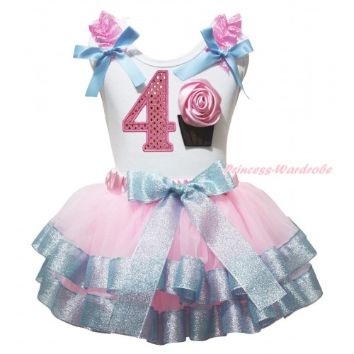 White Tank Top Sparkle Pink Ruffles Light Blue Bow & 4th Sparkle Light Pink Birthday Number & Rose Cupcake Print & Light Pink Sparkle Light Blue Trimmed Pettiskirt MG2041