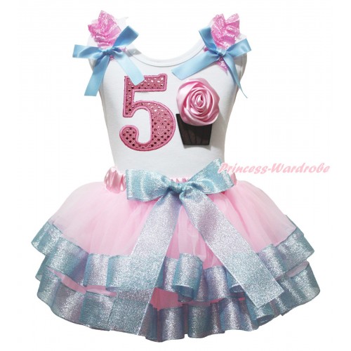 White Tank Top Sparkle Pink Ruffles Light Blue Bow & 5th Sparkle Light Pink Birthday Number & Rose Cupcake Print & Light Pink Sparkle Light Blue Trimmed Pettiskirt MG2042