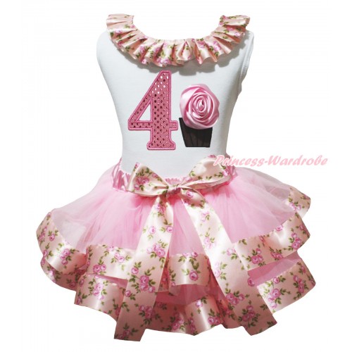White Tank Top Pink Rose Fusion Lacing & 4th Sparkle Light Pink Birthday Number & Rose Cupcake & Light Pink Rose Fusion Trimmed Pettiskirt MG2058