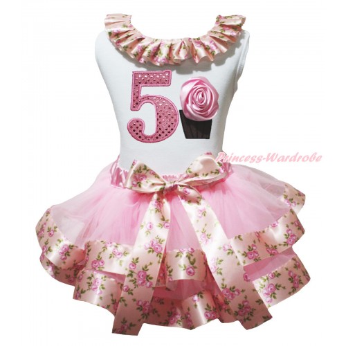 White Tank Top Pink Rose Fusion Lacing & 5th Sparkle Light Pink Birthday Number & Rose Cupcake & Light Pink Rose Fusion Trimmed Pettiskirt MG2059