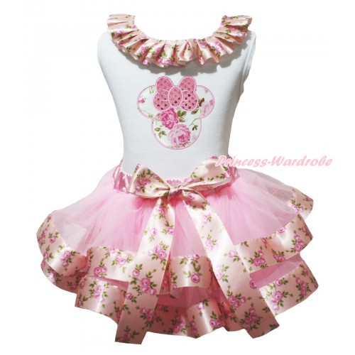 White Tank Top Pink Rose Fusion Lacing & Sparkle Light Pink Rose Minnie Print & Light Pink Rose Fusion Trimmed Pettiskirt MG2060