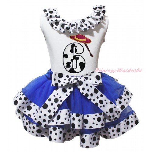 White Tank Top White Black Dots Lacing & 6th Cowgirl Hat Braid Milk Cow Birthday Number Print & Royal Blue White Black Dots Trimmed Pettiskirt MG2072