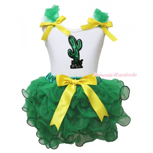 Cinco De Mayo White Baby Pettitop Kelly Green Ruffles Yellow Bows & Sparkle Sequins Cactus Print & Kelly Green Trimmed Newborn Pettiskirt NG1967