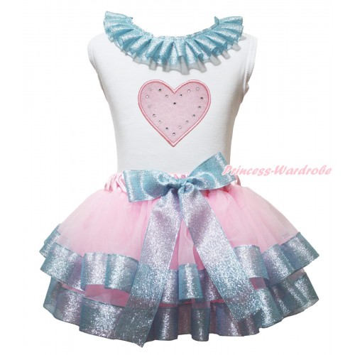 Valentine's Day White Baby Pettitop Sparkle Blue Lacing & Light Pink Heart Print & Light Pink Sparkle Blue Trimmed Newborn Pettiskirt NG1979