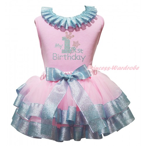 Light Pink Baby Tank Top Sparkle Blue Lacing & Rhinestone Blue My 1st Birthday Print & Light Pink Sparkle Blue Trimmed Baby Pettiskirt NG2002