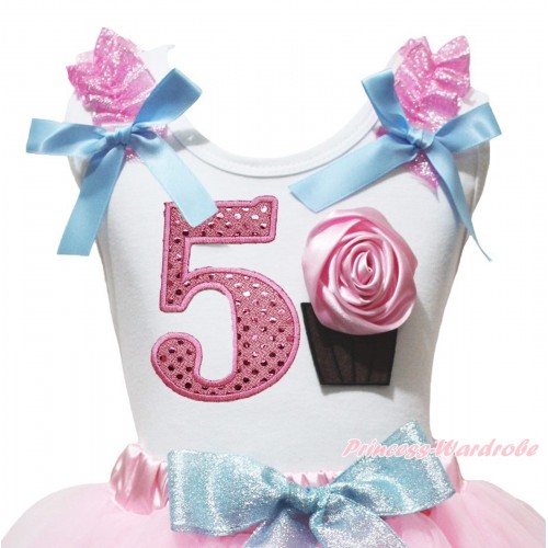 White Tank Top Sparkle Pink Ruffles Light Blue Bow & 5th Sparkle Light Pink Birthday Number & Rose Cupcake Print TB1468