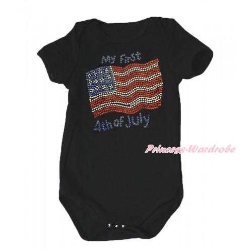 American's Birthday Black Baby Jumpsuit & Sparkle Rhinestone My First Patriotic American 4th Of July Print TH655
