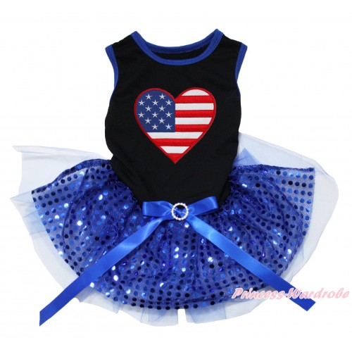 American's Birthday Black Blue Piping Sleeveless Bling Royal Blue Sequins Gauze Skirt & Patriotic American Heart Print & Royal Blue Rhinestone Bow Pet Dress DC234