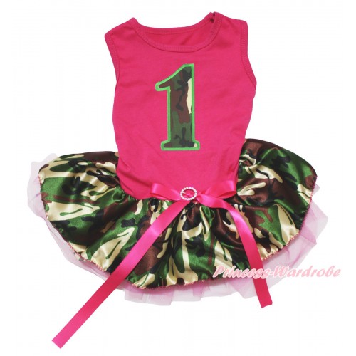 Hot Pink Sleeveless Hot Pink Camouflage Gauze Skirt & 1st Camouflage Birthday Number Print & Hot Pink Rhinestone Bow Pet Dress DC241