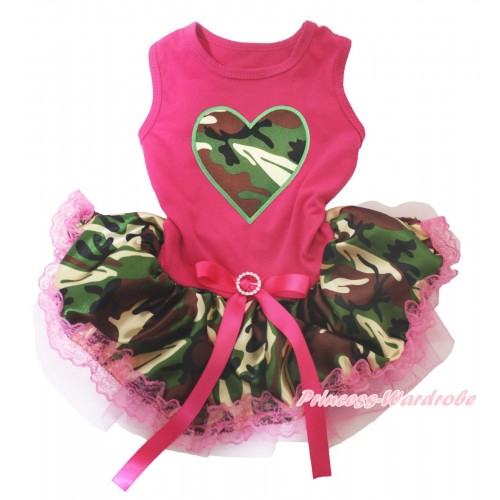 Hot Pink Sleeveless Hot Pink Camouflage Lace Gauze Skirt & Camouflage Heart Print & Hot Pink Rhinestone Bow Pet Dress DC249