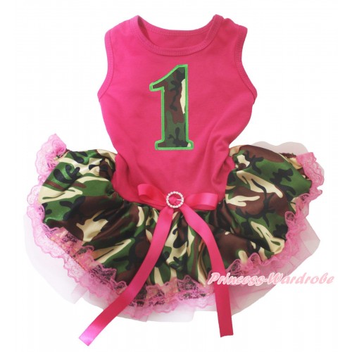 Hot Pink Sleeveless Hot Pink Camouflage Lace Gauze Skirt & 1st Camouflage Birthday Number Print & Hot Pink Rhinestone Bow Pet Dress DC251