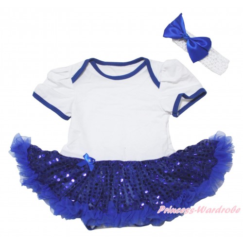 Royal Blue Piping White Baby Bodysuit Bling Royal Blue Sequins Pettiskirt JS5053