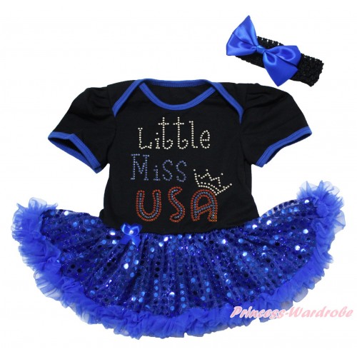 American's Birthday Black Baby Bodysuit Jumpsuit Bling Royal Blue Sequins Pettiskirt & Sparkle Rhinestone Little Miss USA Print JS5062