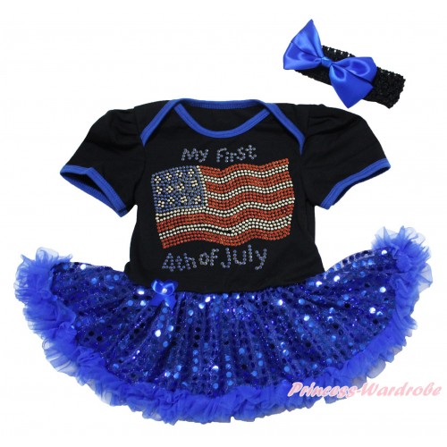 American's Birthday Black Baby Bodysuit Jumpsuit Bling Royal Blue Sequins Pettiskirt & Sparkle Rhinestone My First Patriotic American 4th Of July Print  JS5064
