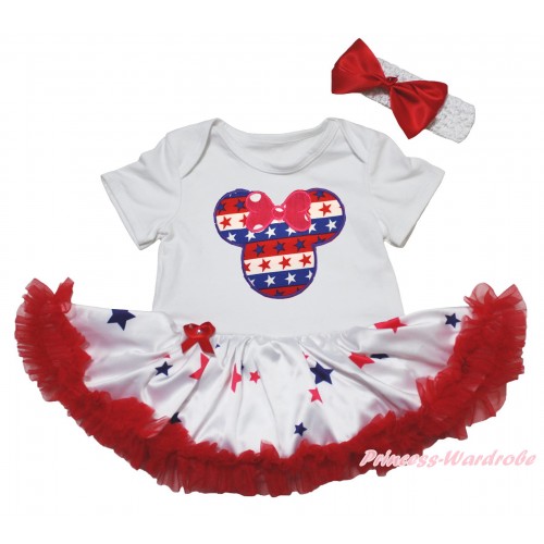 American's Birthday White Baby Bodysuit Jumpsuit Red Blue Star Pettiskirt & Red Bows with Red White Blue Striped Star Minnie JS5070
