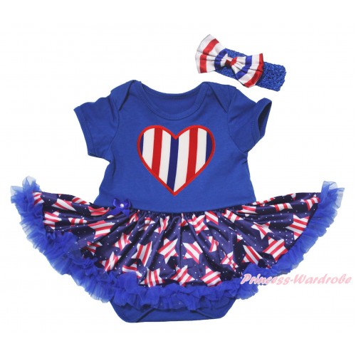 American's Birthday Blue Baby Bodysuit Jumpsuit White Dots Patriotic American Star Pettiskirt & Red Bow & Red White Blue Striped Heart Print JS5074